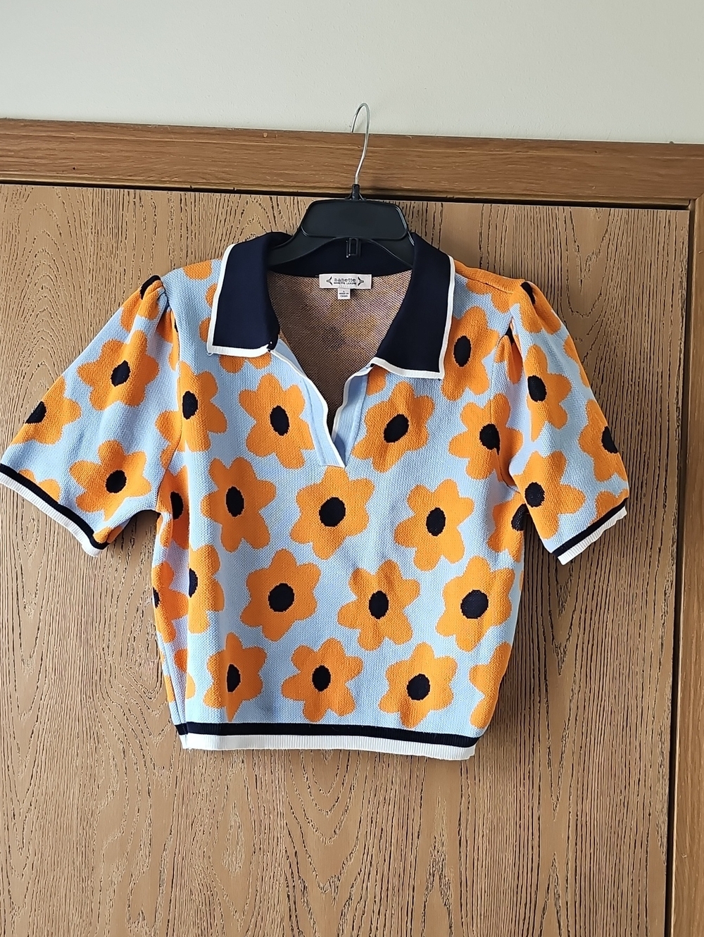 Nanette Lepore Blue Polo Style Sweater with Orange Floral Print